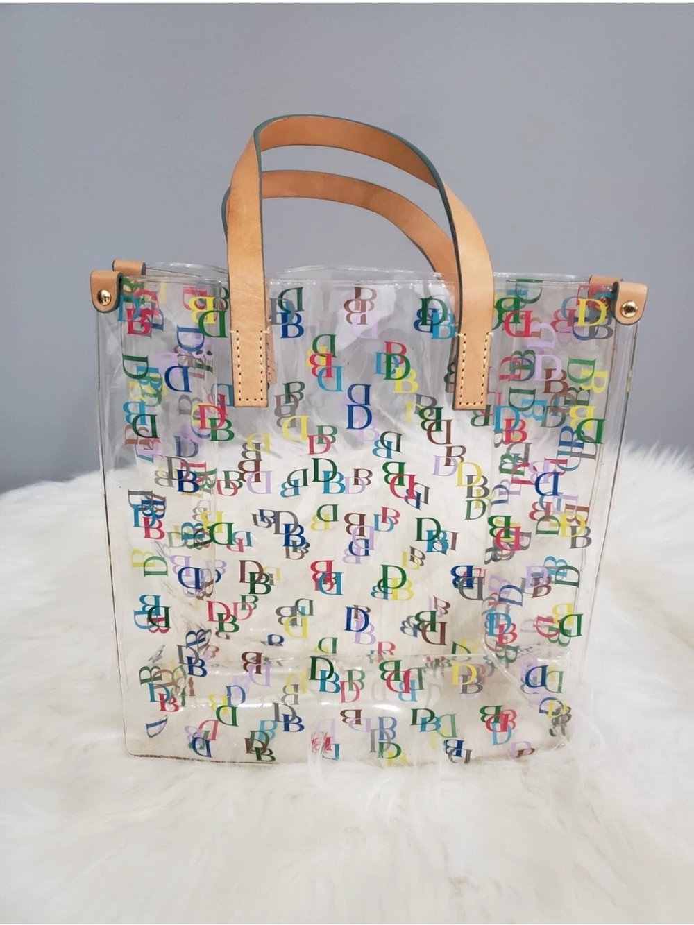 Dooney & Bourke Clear Tote with Multicolor DB Logo and Tan Handles